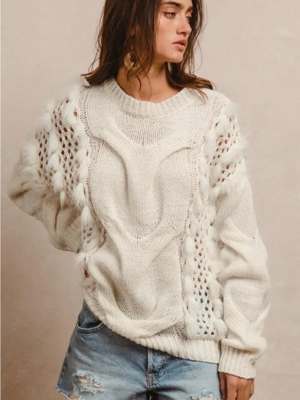 BiBi Cream Openwork Cable Crewneck Sweater with Faux Fur Details